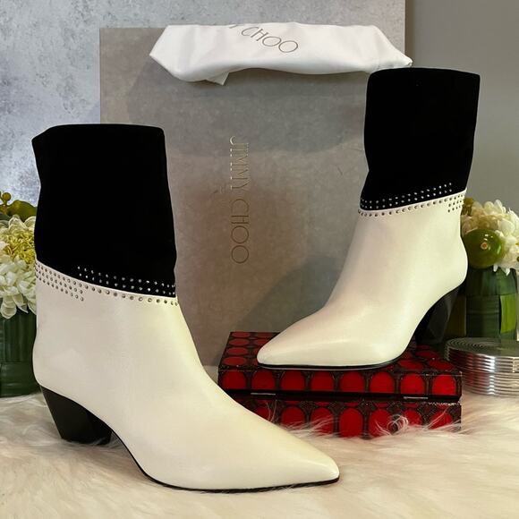 NEW Jimmy Choo Leather Suede Studded Timeless Two-Tone Crystal Bear 65 Bootie … - Picture 6 of 16